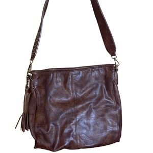 MMS Design Studio Brown Vegan Leather Studded Strap Hobo Bag with Tassel